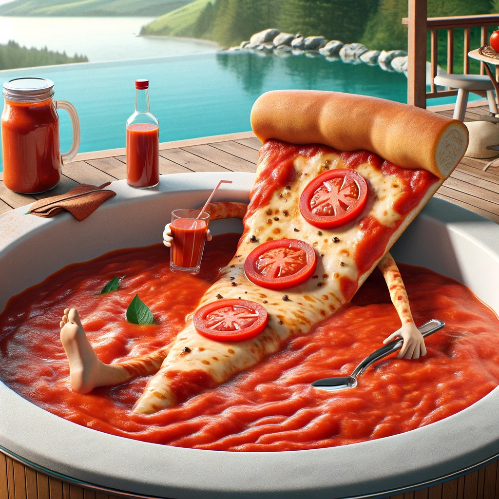 A pizza slice relaxing in a hot tub filled with tomato sauce, captioned "Just saucing around". The scene should be one of leisure and indulgence, with the pizza slice lounging back, perhaps with a drink in hand. The hot tub setting should be cozy, possibly outdoors with a scenic backdrop or indoors with a luxurious vibe. This image should play on the concept of relaxation and pampering, with a humorous twist by using tomato sauce as the spa treatment of choice for a pizza slice. The overall mood should be light-hearted and whimsical, offering a playful take on self-care and enjoyment.