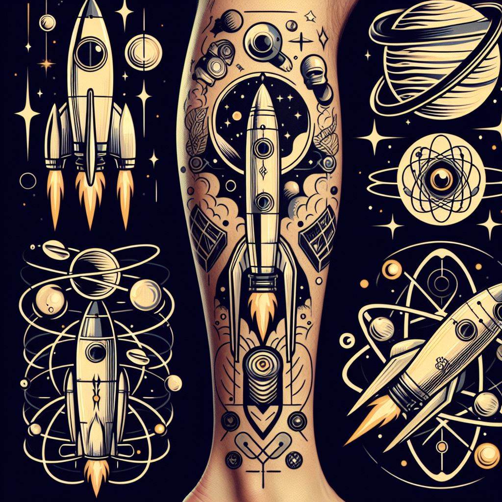 A series of retro-futuristic space age icons, including rockets, planets, and atomic symbols, seamlessly integrating as fillers from the calf down to the ankle. These elements should be styled in the optimistic, mid-20th-century vision of space exploration, with sleek lines and vintage aesthetics. The design aims to connect larger tattoos with a nostalgic nod to the space age, blending science fiction with the art of tattooing to create a playful yet cohesive theme.