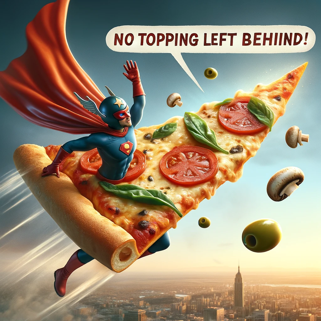 A pizza slice as a superhero, saving a falling topping from danger, captioned "No topping left behind!". The scene should depict the pizza slice in a dynamic pose, wearing a superhero costume, complete with a cape, flying through the air to rescue a distressed topping (such as an olive or a mushroom). The background should convey a sense of urgency and action, perhaps with a cityscape below. This image should capture the heroic and protective nature of the pizza slice, adding a playful and imaginative twist to the concept of toppings and their significance. The overall mood should be exciting and empowering, showcasing the pizza slice's commitment to safeguarding every part of its delicious ensemble.