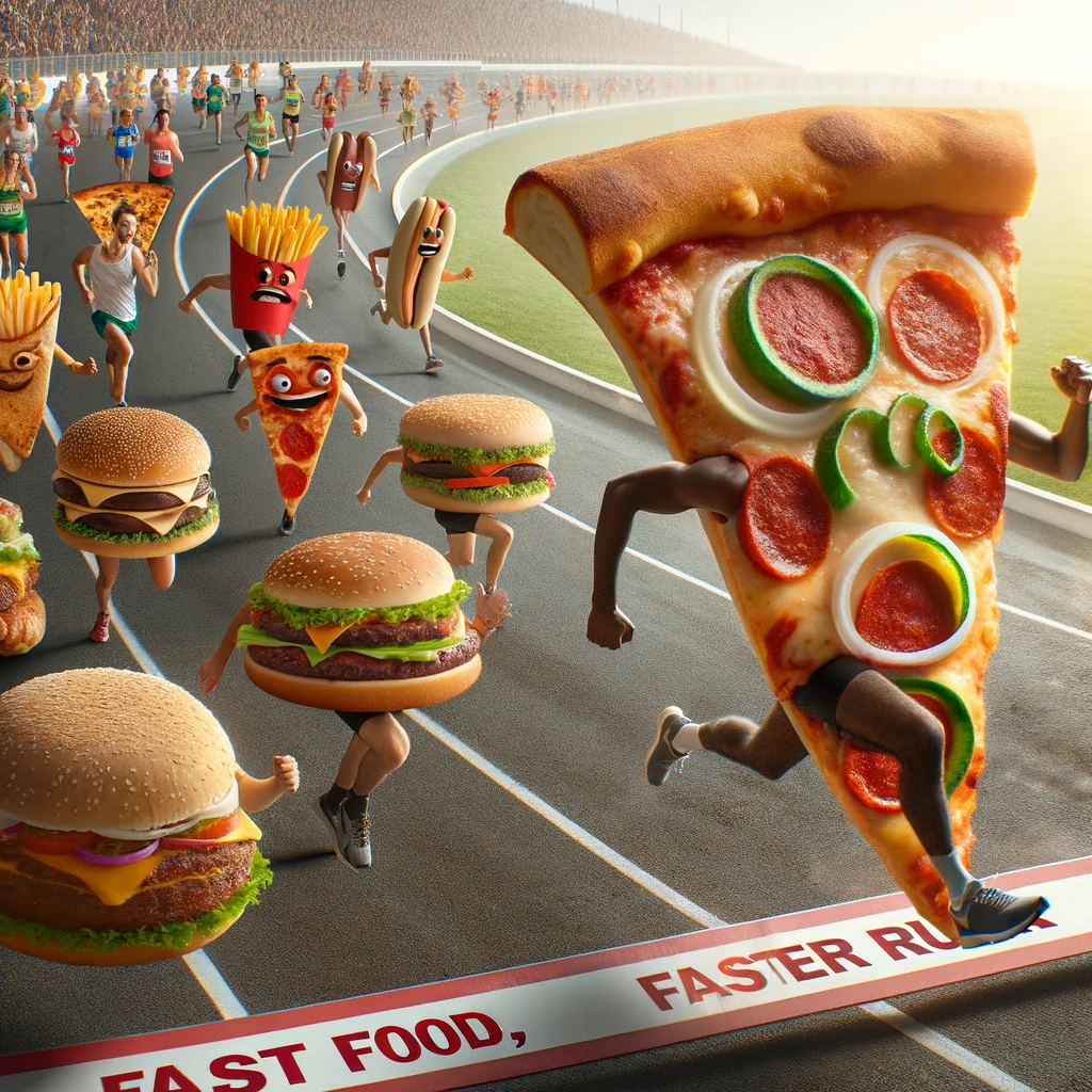 A pizza slice participating in a marathon, racing against other fast foods, captioned "Fast food, faster runner". The scene should capture the competitive spirit of a race, with the pizza slice in the lead or in close competition with other foods like burgers, hot dogs, and tacos. The setting should be a race track, with a cheering crowd and a finish line in the distance. This image should convey motion and determination, highlighting the pizza slice's athleticism and drive to win. The humorous juxtaposition of fast food items engaging in a healthy activity like running should create a fun and engaging narrative, emphasizing the unexpected and playful nature of the scene.