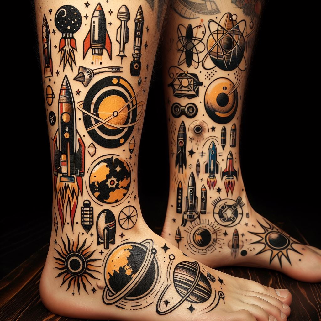 A series of retro-futuristic space age icons, including rockets, planets, and atomic symbols, seamlessly integrating as fillers from the calf down to the ankle. These elements should be styled in the optimistic, mid-20th-century vision of space exploration, with sleek lines and vintage aesthetics. The design aims to connect larger tattoos with a nostalgic nod to the space age, blending science fiction with the art of tattooing to create a playful yet cohesive theme.