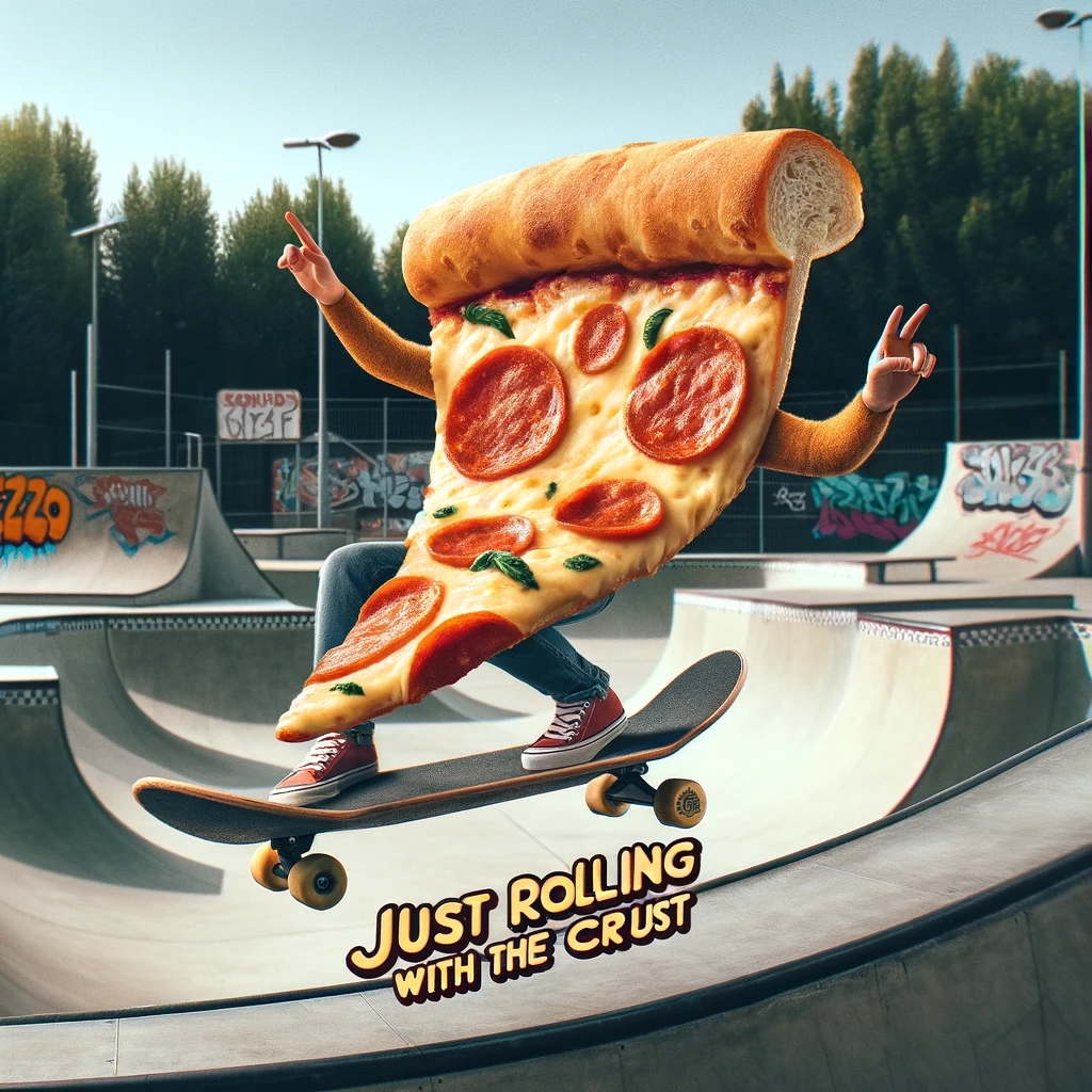A pizza slice on a skateboard doing a trick in a skatepark, captioned "Just rolling with the crust". The scene should be dynamic, capturing the pizza slice mid-air during a trick, with skatepark ramps and graffiti in the background. The atmosphere should be energetic and youthful, with the pizza slice showing off its skills and confidence. This image should blend the worlds of skateboarding and pizza in a humorous and engaging way, emphasizing agility and style. The overall mood should be playful and adventurous, showcasing the pizza slice's daring and fun-loving spirit.