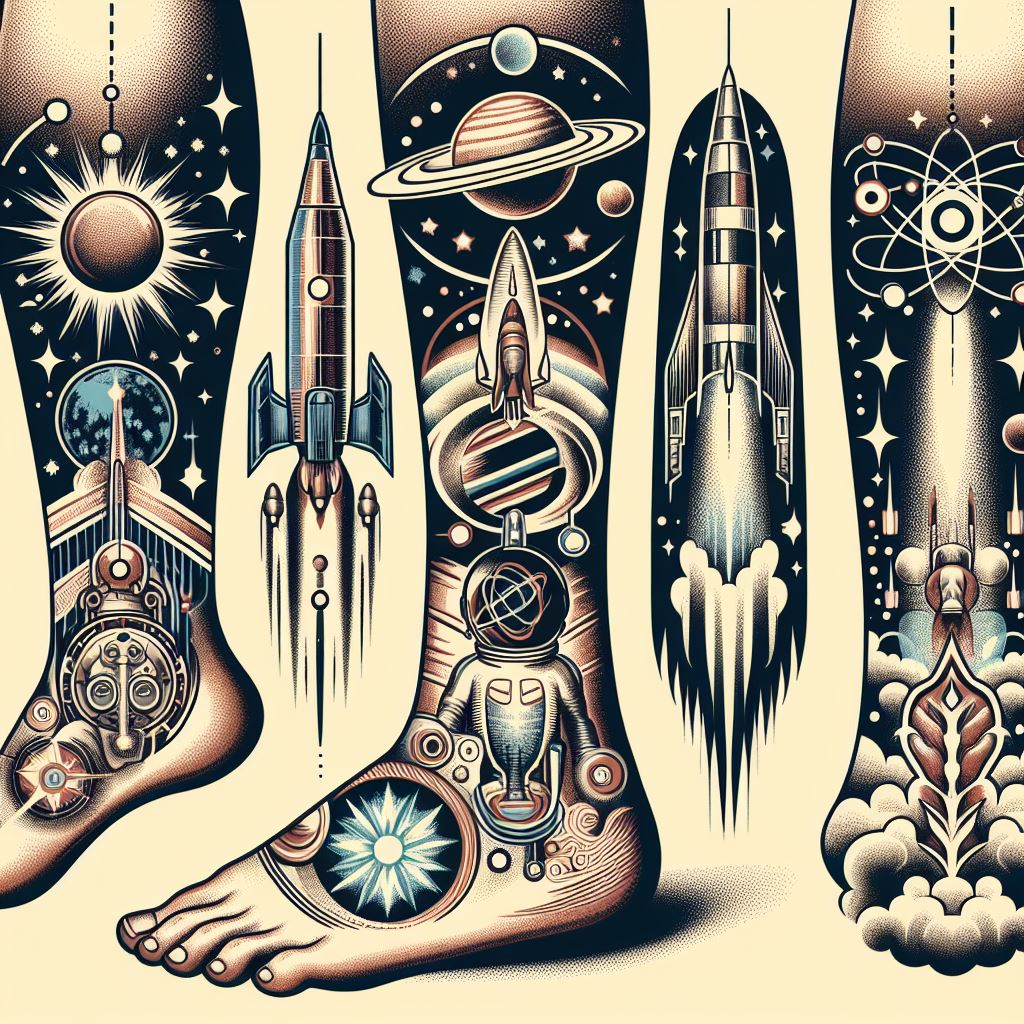 A series of retro-futuristic space age icons, including rockets, planets, and atomic symbols, seamlessly integrating as fillers from the calf down to the ankle. These elements should be styled in the optimistic, mid-20th-century vision of space exploration, with sleek lines and vintage aesthetics. The design aims to connect larger tattoos with a nostalgic nod to the space age, blending science fiction with the art of tattooing to create a playful yet cohesive theme.