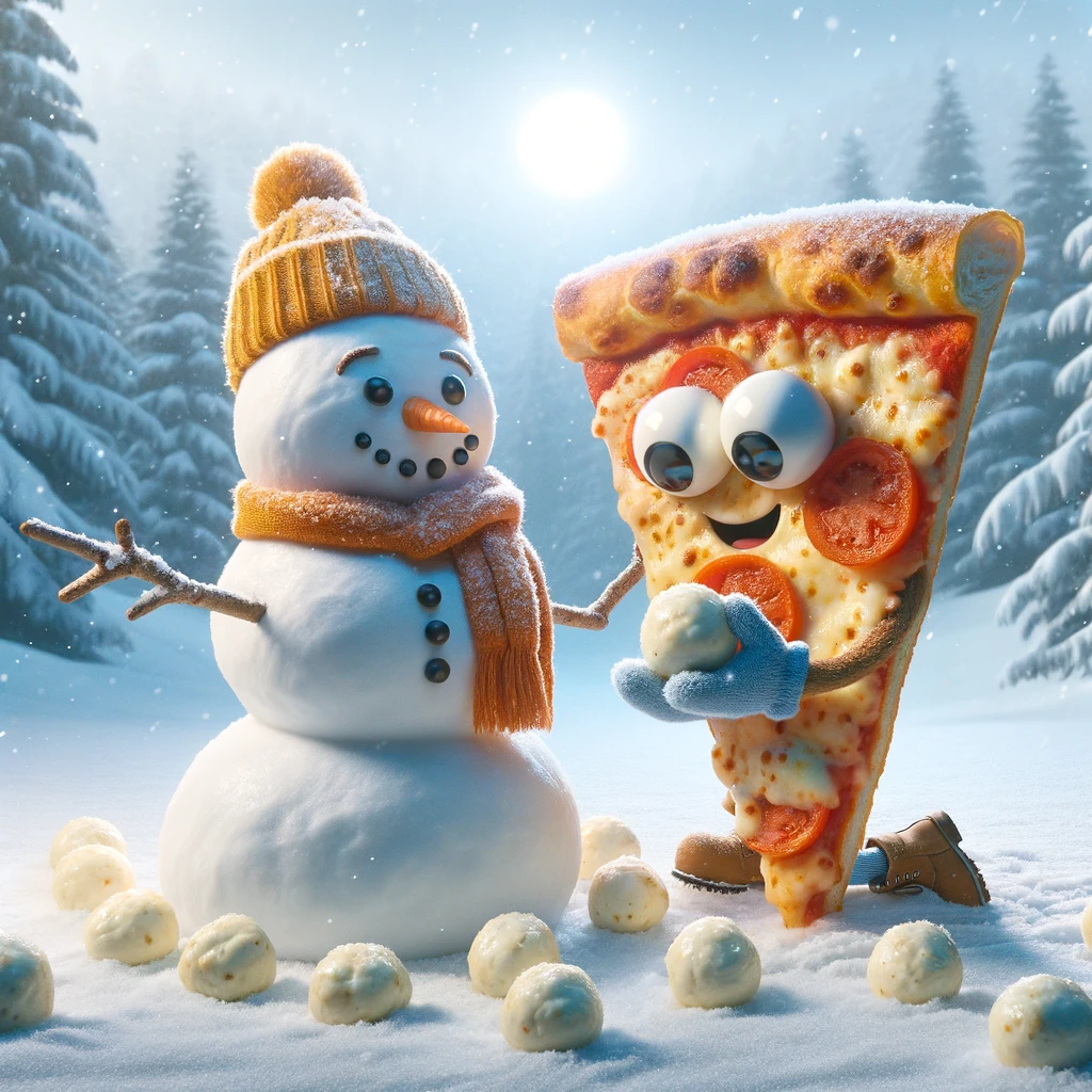 A pizza slice building a snowman out of mozzarella balls in a snowy landscape, captioned "Winter wonders with a cheesy touch". The scene should be serene and wintry, with the pizza slice wearing a scarf and hat, engaging in the classic winter activity of snowman building. The snowman should be humorously composed of mozzarella balls for the body, with other pizza ingredients as facial features and accessories. The background could feature a snowy landscape, possibly with pine trees and a gentle snowfall. This image should capture the joy and creativity of winter fun, with a delightful and whimsical twist on building a snowman.