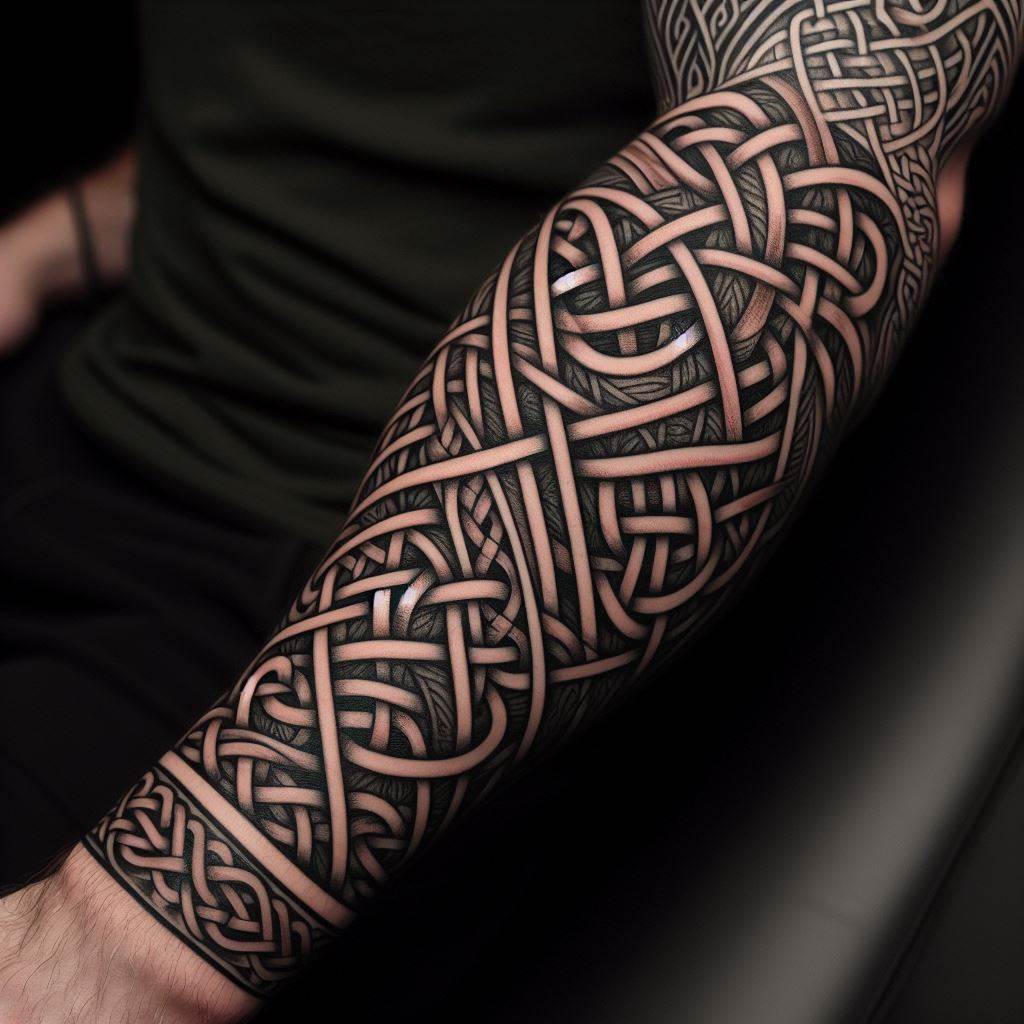 Intricate Celtic knotwork weaving through the spaces between forearm tattoos, creating a continuous, interlacing pattern that adds depth and historical significance. The knotwork should be designed with precision, showcasing the traditional art form's complexity and beauty. This filler aims to enhance the forearm's visual appeal with a touch of ancient Celtic culture, providing a timeless link between the existing tattoos.