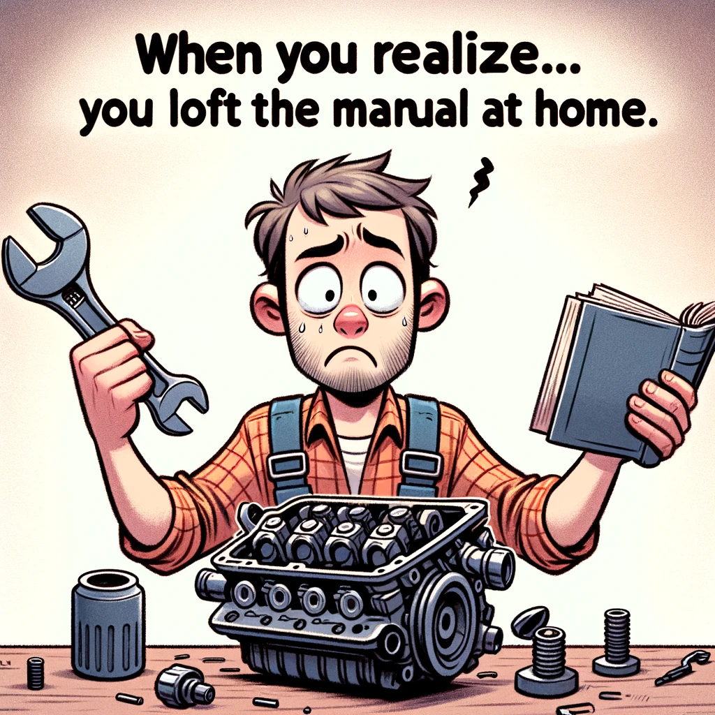 A cartoon-style illustration of a mechanic looking puzzled while holding a wrench, with a car engine in pieces in front of him. The caption says, "When you realize you left the manual at home."