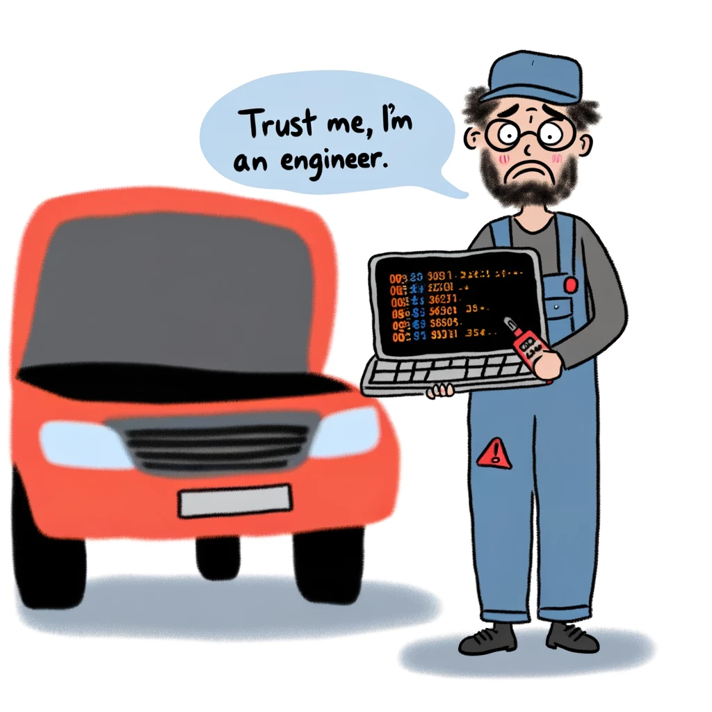 An illustration of a mechanic holding a laptop with various error codes on the screen, standing beside a car with the hood open. The mechanic looks confused and overwhelmed. The caption reads, "Trust me, I'm an engineer."