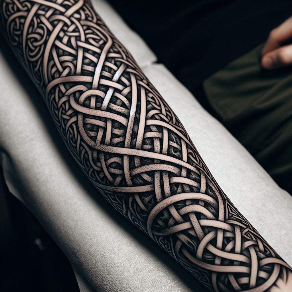 Intricate Celtic knotwork weaving through the spaces between forearm tattoos, creating a continuous, interlacing pattern that adds depth and historical significance. The knotwork should be designed with precision, showcasing the traditional art form's complexity and beauty. This filler aims to enhance the forearm's visual appeal with a touch of ancient Celtic culture, providing a timeless link between the existing tattoos.