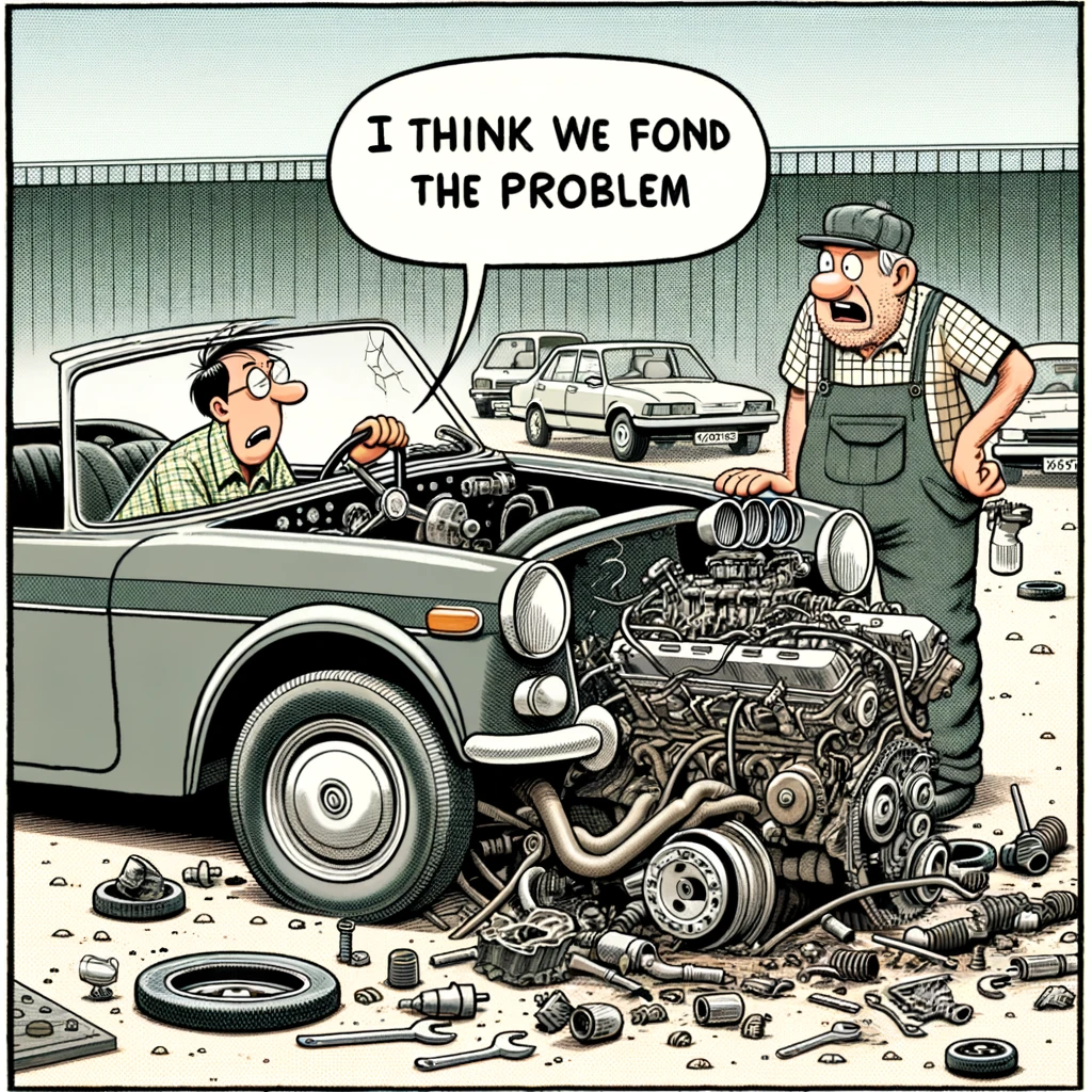 A comic strip scene showing a mechanic sitting in a broken car, holding the steering wheel with a confused look. Outside the car, another mechanic is pointing at a completely disassembled engine on the ground. The caption reads, "I think we found the problem."
