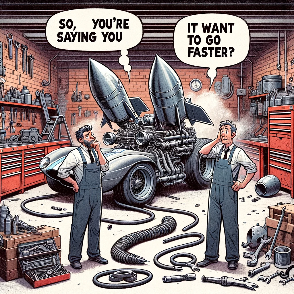 An illustration of two mechanics scratching their heads in confusion as they look at a car with rocket engines attached to the back. The workshop is filled with tools and car parts. The caption reads, "So, you're saying you want it to go faster?"