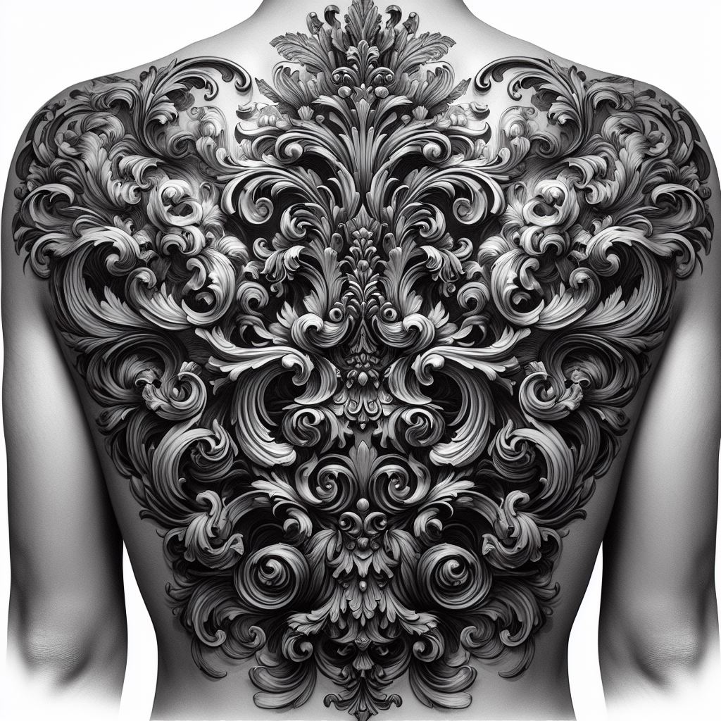 A lavish display of Baroque flourishes and scrollwork extending across the upper back and over the shoulders, filling in between larger tattoos with extravagant curves and intricate details. The design should capture the opulence and dramatic flair of the Baroque era, with each swirl and curl adding to a sense of movement and grandeur. This filler seeks to unify and elevate the back and shoulder tattoos, turning the skin into a canvas for Baroque artistry.