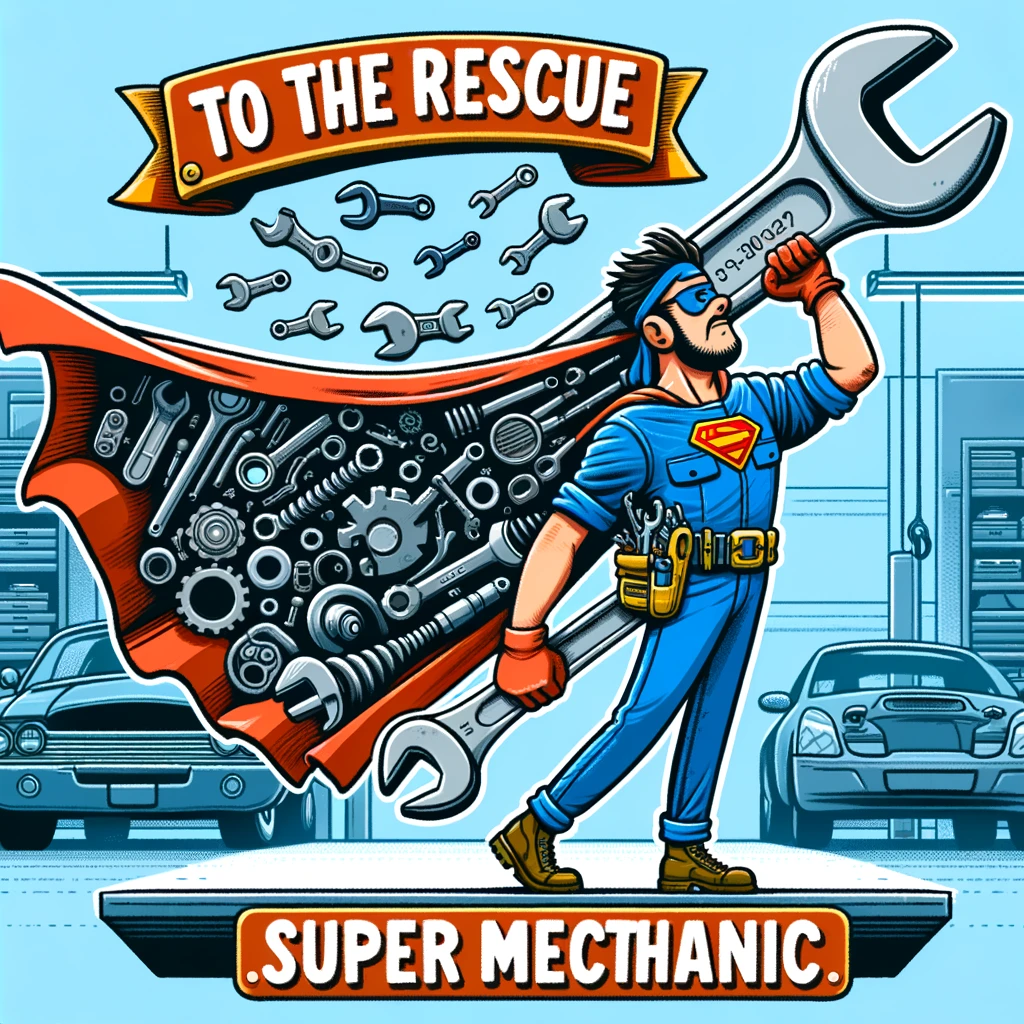 A playful illustration of a mechanic holding a giant wrench over his shoulder like a superhero, with a cape made of various car parts flying behind him. The garage is filled with vehicles awaiting repair. The caption reads, "To the rescue: Super Mechanic!"
