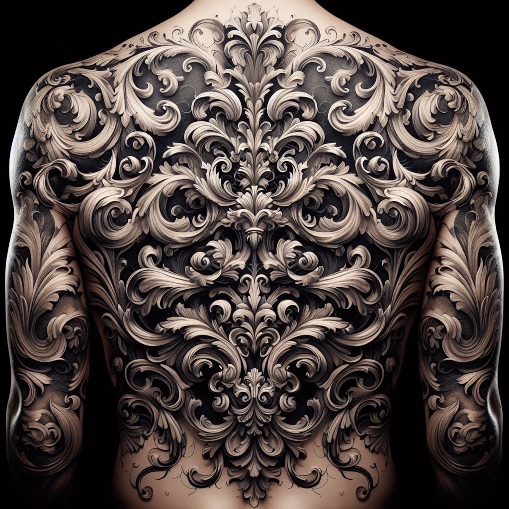A lavish display of Baroque flourishes and scrollwork extending across the upper back and over the shoulders, filling in between larger tattoos with extravagant curves and intricate details. The design should capture the opulence and dramatic flair of the Baroque era, with each swirl and curl adding to a sense of movement and grandeur. This filler seeks to unify and elevate the back and shoulder tattoos, turning the skin into a canvas for Baroque artistry.