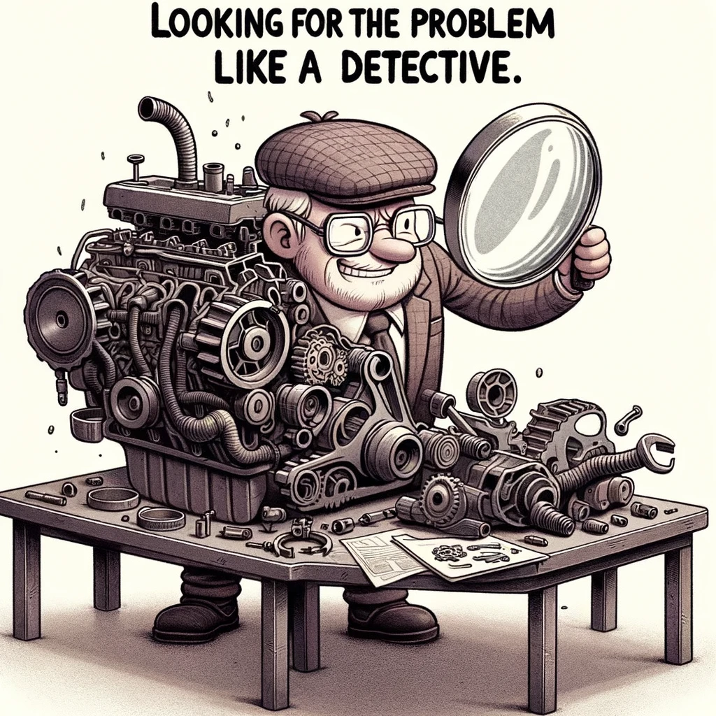 A funny illustration of a mechanic with a magnifying glass, examining a tiny part in his hand, with a huge, disassembled car engine spread out on the table behind him. The caption reads, "Looking for the problem like a detective."