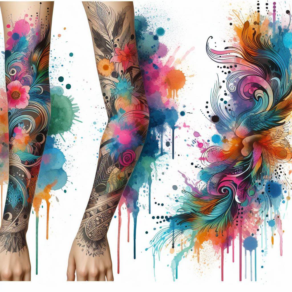 Vibrant watercolor splashes and brush strokes acting as connectors between the various elements of a tattoo sleeve. These fillers should mimic the fluid, translucent qualities of watercolor paint, with colors blending naturally into one another. The design aims to add a layer of artistic spontaneity and color, bridging gaps between tattoos with a fresh, creative touch that resembles a painter's canvas.