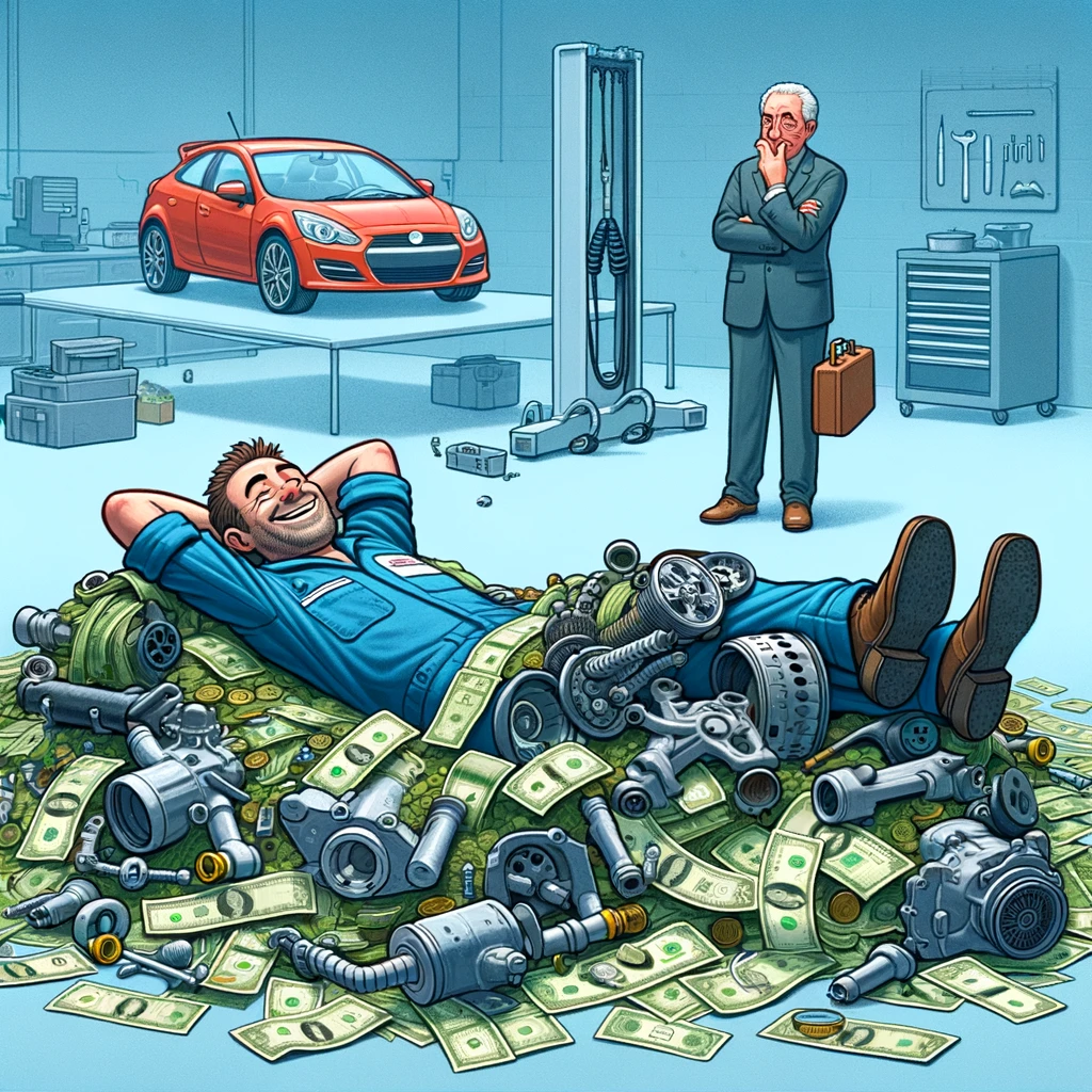 A satirical illustration of a mechanic lying on a pile of cash, surrounded by expensive car parts, with a happy expression on his face. In the background, a customer looks at his empty wallet in despair. The caption reads, "When you hear it's just a minor repair."