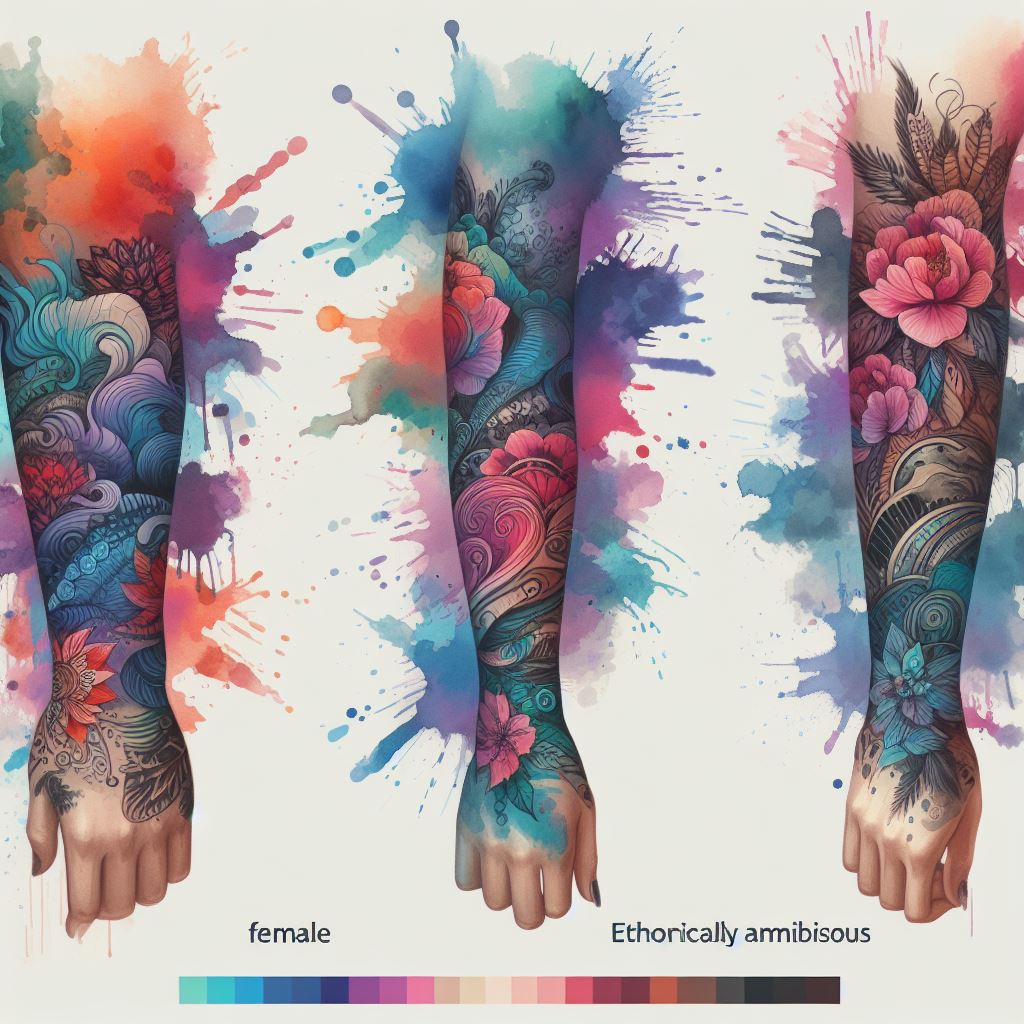 Vibrant watercolor splashes and brush strokes acting as connectors between the various elements of a tattoo sleeve. These fillers should mimic the fluid, translucent qualities of watercolor paint, with colors blending naturally into one another. The design aims to add a layer of artistic spontaneity and color, bridging gaps between tattoos with a fresh, creative touch that resembles a painter's canvas.