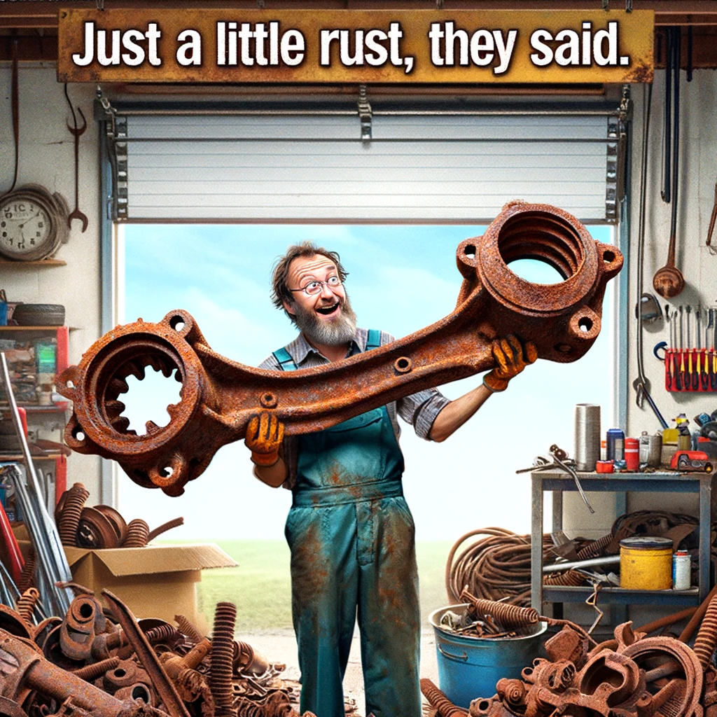 A humorous scene of a mechanic holding up a completely rusted and bent car part with a bewildered expression, standing in a cluttered garage. The caption reads, "Just a little rust, they said."