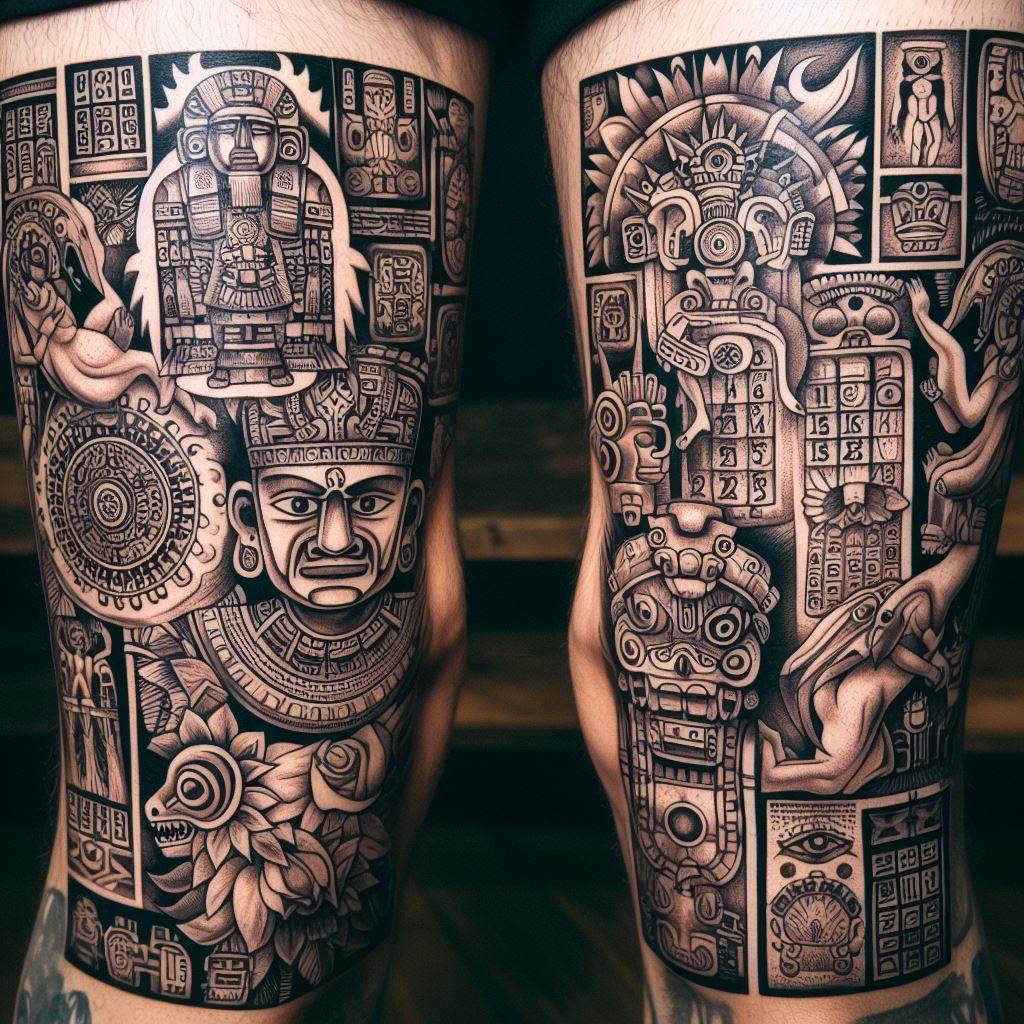 Aztec and Mayan symbols, such as calendar icons, gods, and mythological creatures, filling the spaces between leg tattoos. These symbols should be rendered with attention to historical accuracy and cultural significance, integrating seamlessly with the existing tattoos to create a narrative of ancient civilizations. This filler design aims to imbue the leg with a sense of power, history, and mystery, celebrating the rich heritage of these Mesoamerican cultures.