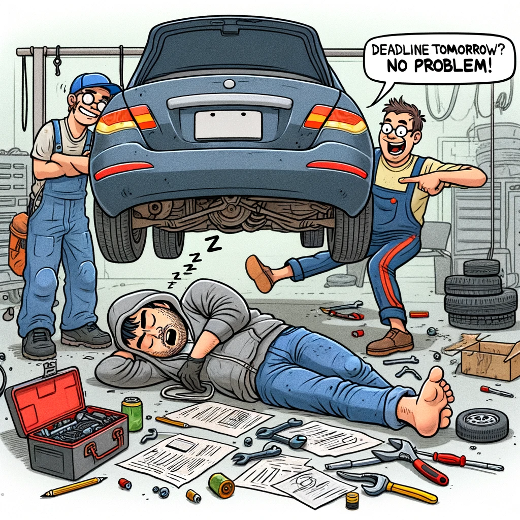A funny illustration of a mechanic asleep under a car, surrounded by tools, with a half-finished car repair. Another mechanic is trying to wake him up. The caption reads, "Deadline tomorrow? No problem."