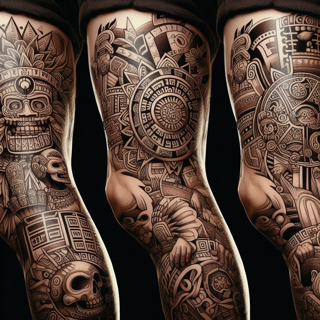 Aztec and Mayan symbols, such as calendar icons, gods, and mythological creatures, filling the spaces between leg tattoos. These symbols should be rendered with attention to historical accuracy and cultural significance, integrating seamlessly with the existing tattoos to create a narrative of ancient civilizations. This filler design aims to imbue the leg with a sense of power, history, and mystery, celebrating the rich heritage of these Mesoamerican cultures.