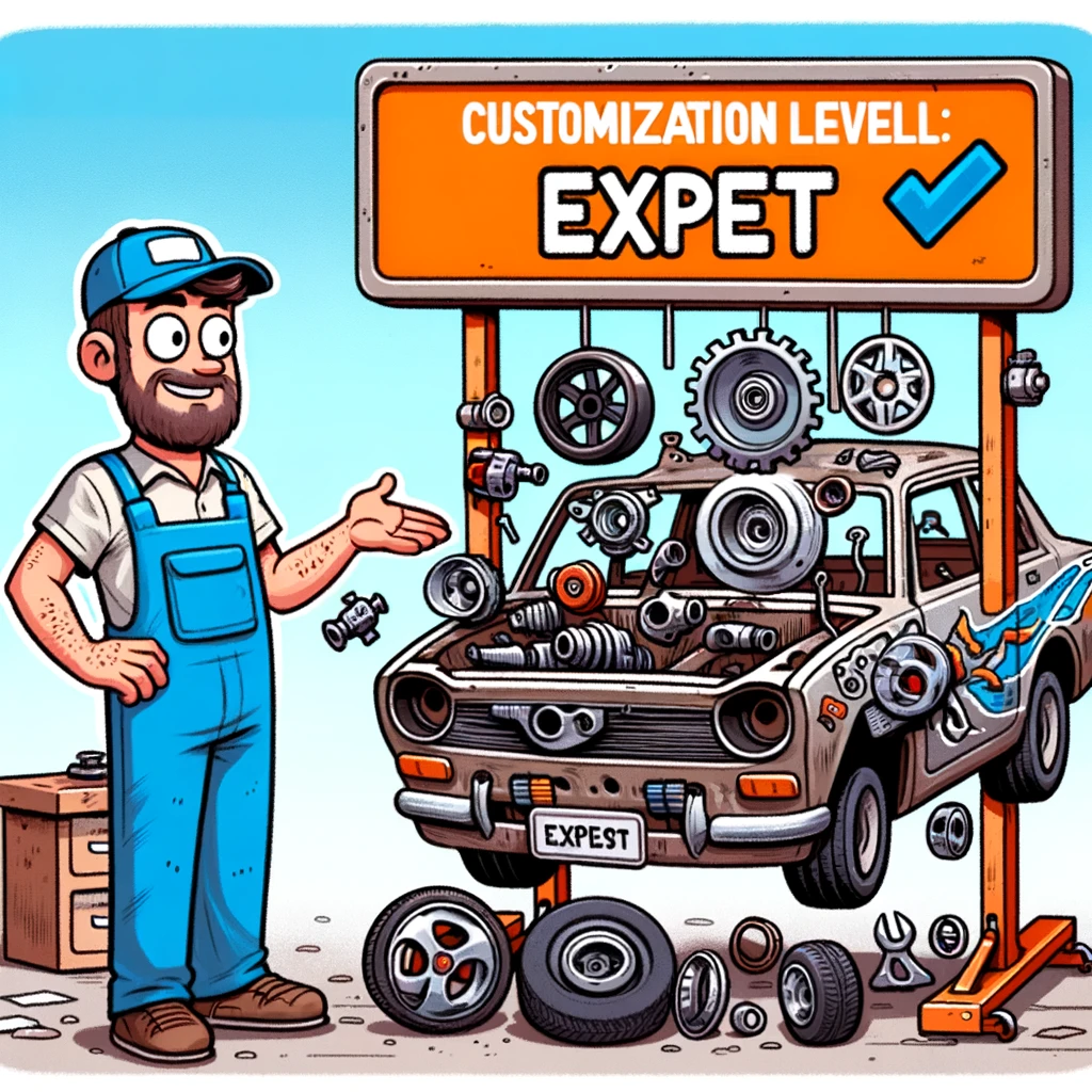 A cartoon of a mechanic presenting a car with mismatched parts from different vehicles, looking proudly at his creation. The caption reads, "Customization level: Expert."