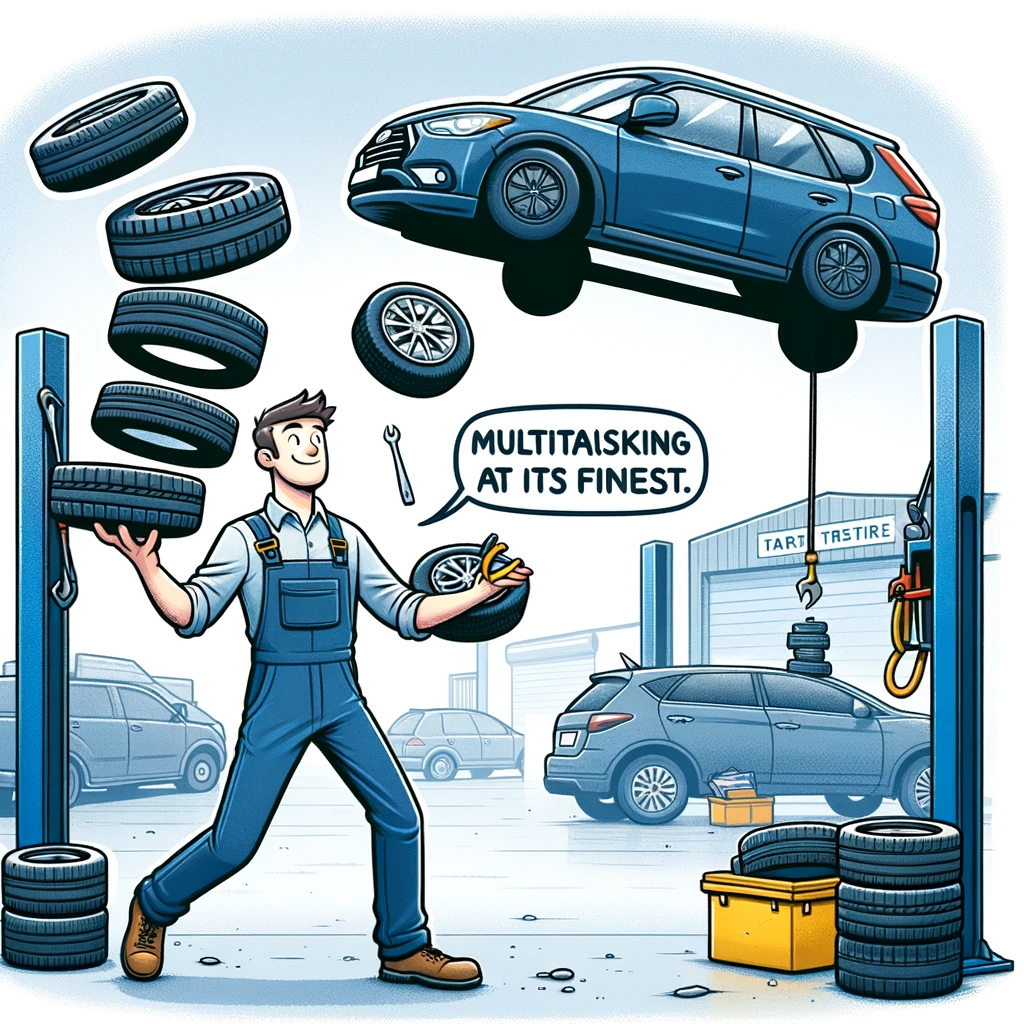 An illustration of a mechanic juggling car tires, with a car lifted in the background waiting for a tire change. The caption reads, "Multitasking at its finest."