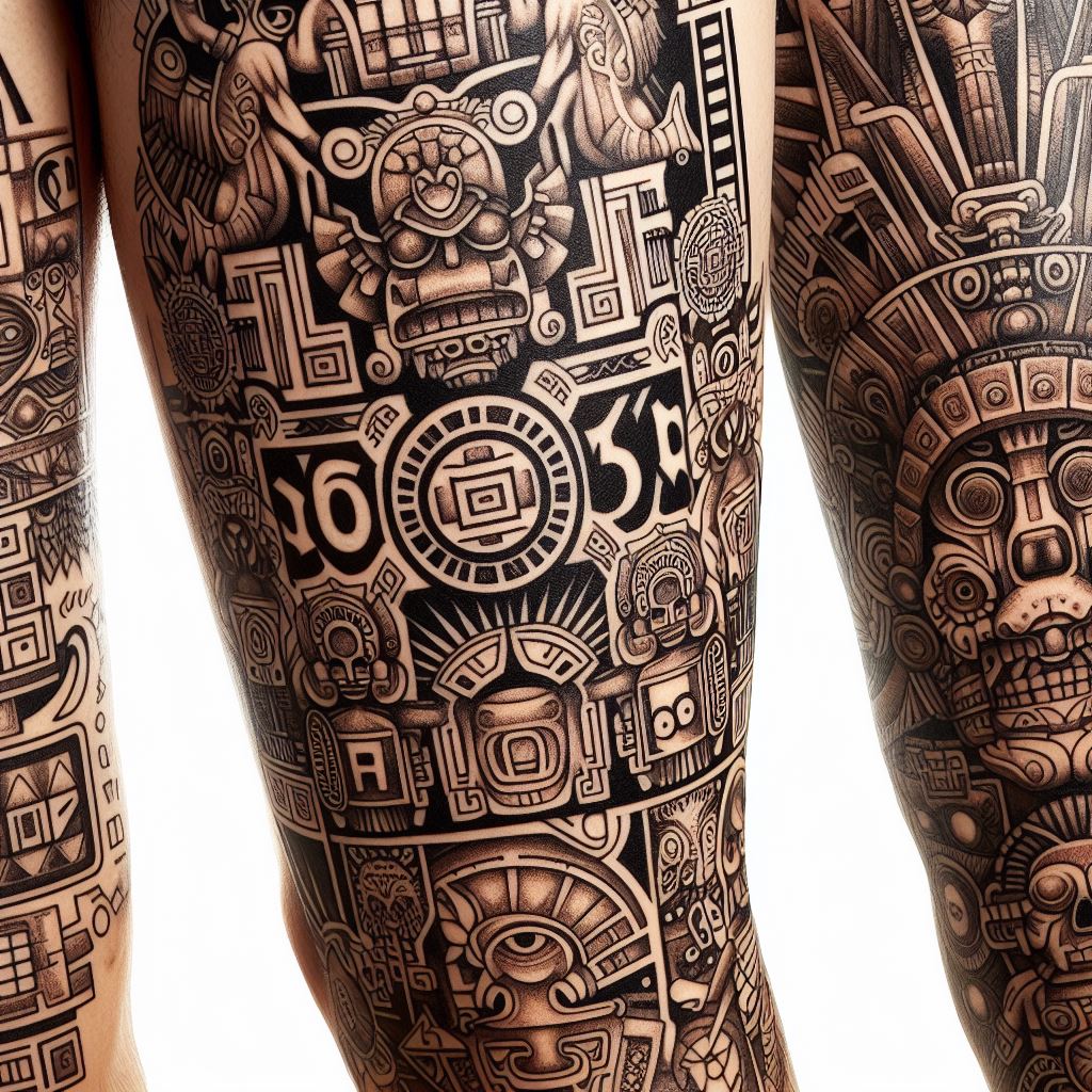 Aztec and Mayan symbols, such as calendar icons, gods, and mythological creatures, filling the spaces between leg tattoos. These symbols should be rendered with attention to historical accuracy and cultural significance, integrating seamlessly with the existing tattoos to create a narrative of ancient civilizations. This filler design aims to imbue the leg with a sense of power, history, and mystery, celebrating the rich heritage of these Mesoamerican cultures.