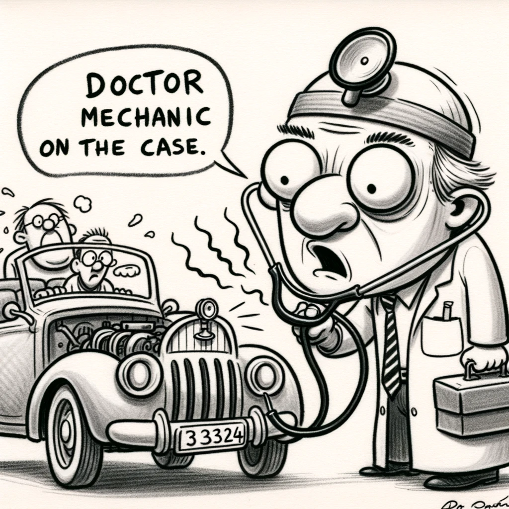 A whimsical drawing of a mechanic using a stethoscope to listen to a car's engine, with an exaggerated expression of concentration. The car looks cartoonishly sick. The caption reads, "Doctor Mechanic on the case."