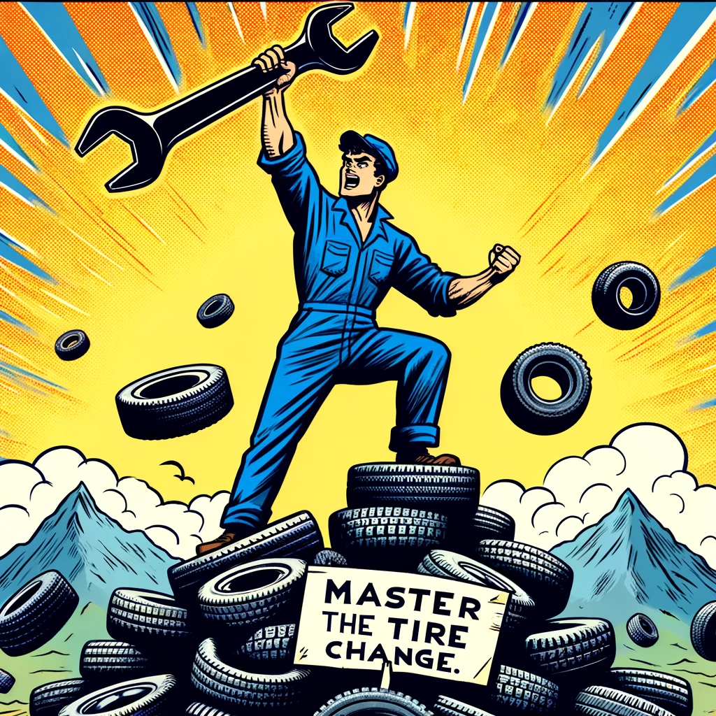 A comic-style illustration of a mechanic triumphantly holding a wrench aloft on top of a mountain of tires, as if conquering a peak. The caption reads, "Master of the tire change."