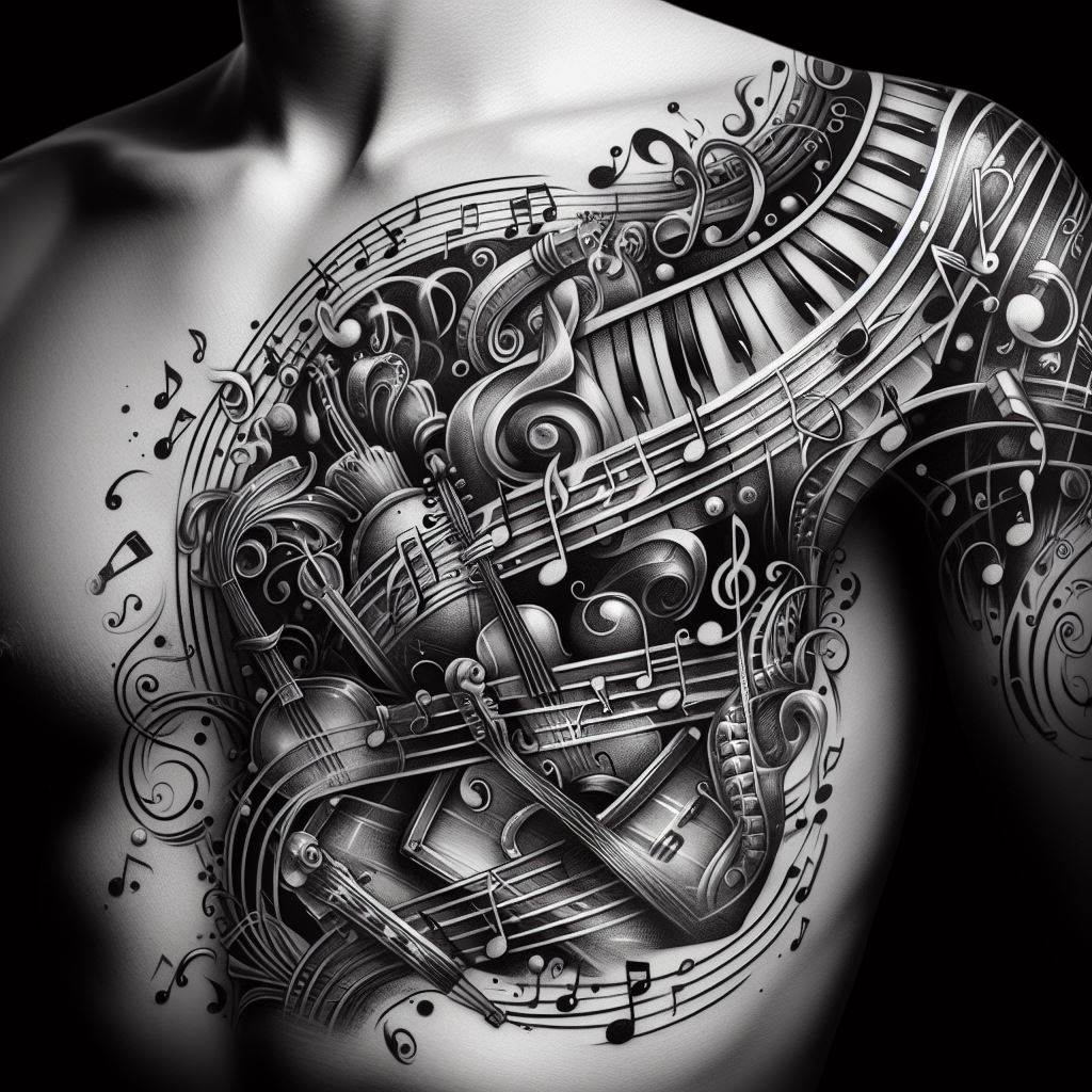 Artistic renderings of musical notes and instruments winding around the ribs, filling in between larger tattoos with a melodious theme. The design should include a variety of instruments and notes, arranged in a way that suggests a symphony of visual elements, blending together in harmony. This filler aims to express the wearer's love for music, adding a lyrical and personal touch that enhances the overall tattoo narrative.