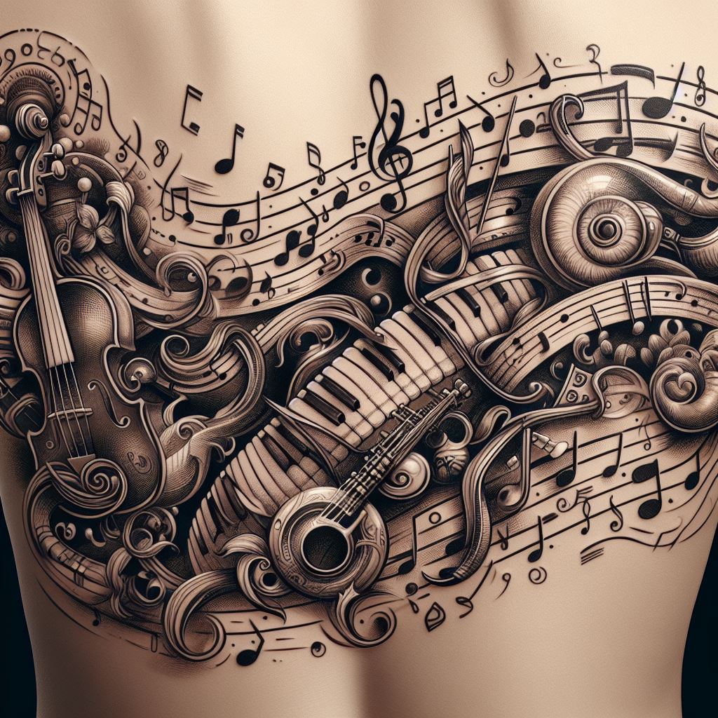 Artistic renderings of musical notes and instruments winding around the ribs, filling in between larger tattoos with a melodious theme. The design should include a variety of instruments and notes, arranged in a way that suggests a symphony of visual elements, blending together in harmony. This filler aims to express the wearer's love for music, adding a lyrical and personal touch that enhances the overall tattoo narrative.