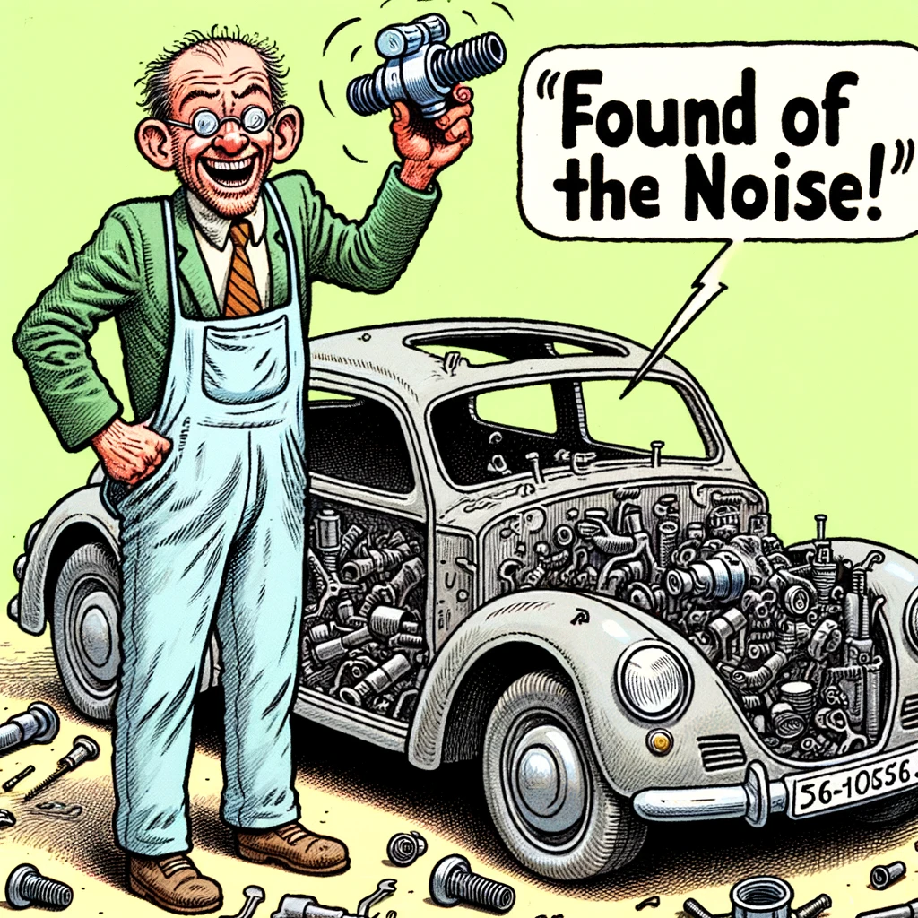 A satirical cartoon showing a mechanic holding a tiny, obscure car part triumphantly, while behind him, the car is completely taken apart. The caption reads, "Found the source of the noise!"