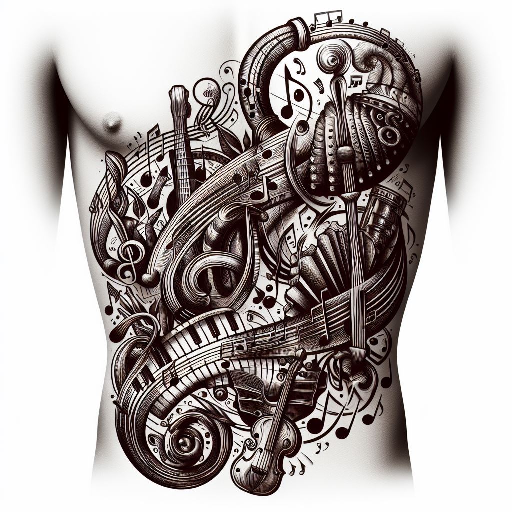 Artistic renderings of musical notes and instruments winding around the ribs, filling in between larger tattoos with a melodious theme. The design should include a variety of instruments and notes, arranged in a way that suggests a symphony of visual elements, blending together in harmony. This filler aims to express the wearer's love for music, adding a lyrical and personal touch that enhances the overall tattoo narrative.