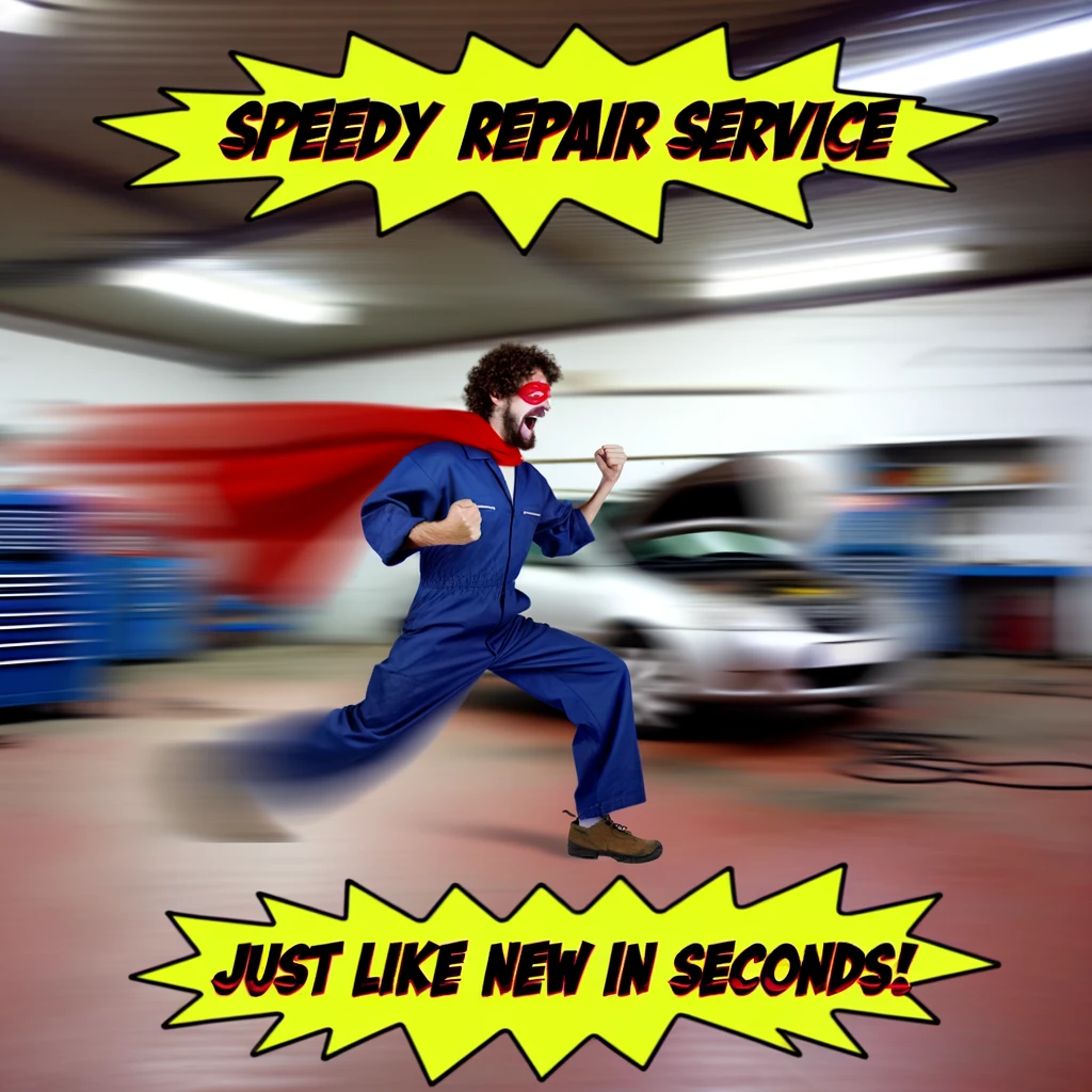 An exaggerated illustration of a mechanic with superhero-like speed, blurring as he moves quickly around a car, fixing it in record time. The garage looks like a blur of motion. The caption reads, "Speedy repair service: Just like new in seconds!"