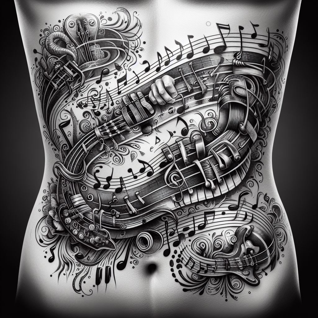 Artistic renderings of musical notes and instruments winding around the ribs, filling in between larger tattoos with a melodious theme. The design should include a variety of instruments and notes, arranged in a way that suggests a symphony of visual elements, blending together in harmony. This filler aims to express the wearer's love for music, adding a lyrical and personal touch that enhances the overall tattoo narrative.