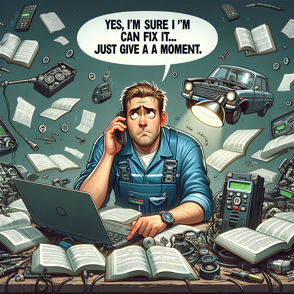 A comical scene where a mechanic is talking on the phone, looking confused, while surrounded by a sea of car manuals and open laptop screens. The caption reads, "Yes, I'm sure I can fix it... just give me a moment."