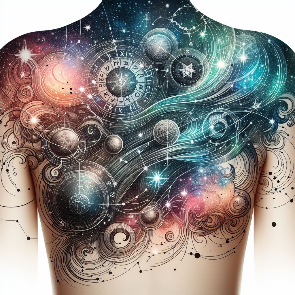 A celestial tapestry of mystical astrological symbols, including zodiac signs, planetary symbols, and constellations, gracefully transitioning from the neck down to the shoulders. These elements should be designed with an ethereal quality, incorporating fine lines and stardust effects to suggest a connection to the cosmos. The filler aims to create a seamless blend between existing tattoos, adding a layer of personal significance and universal wonder.