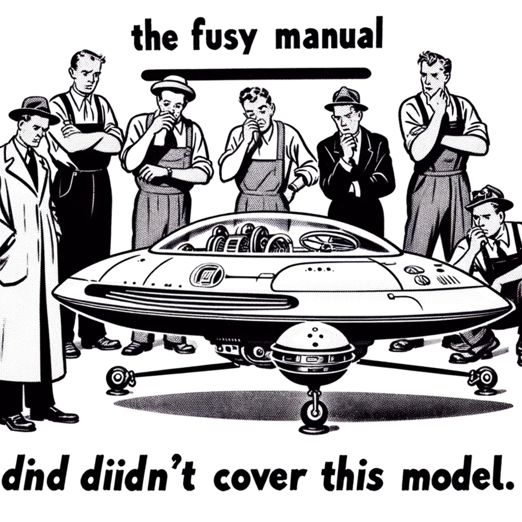 A cartoonish illustration of a group of mechanics looking puzzled at a futuristic, overly complicated vehicle that hovers above the ground. The caption reads, "The manual didn't cover this model."