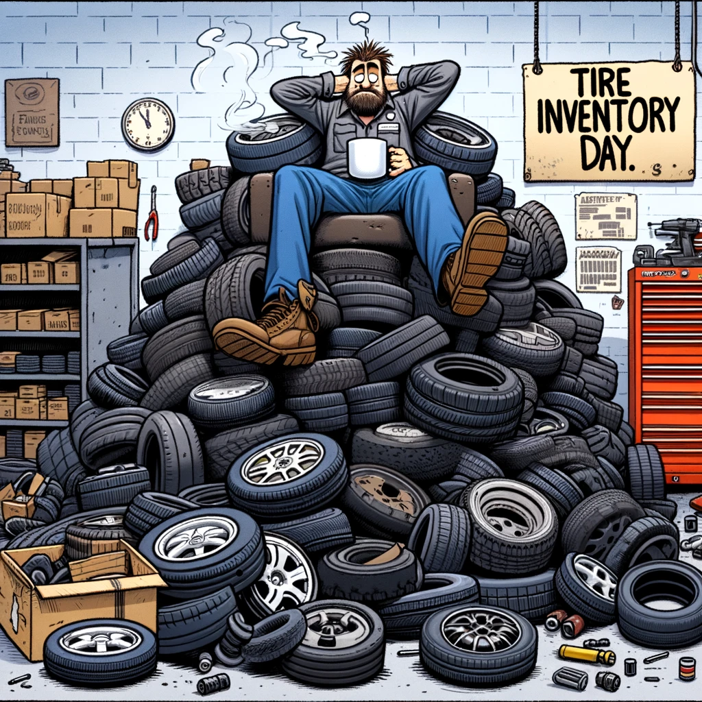 A humorous illustration of a mechanic sitting on top of an enormous pile of used tires, holding a cup of coffee, looking exhausted. The workshop is cluttered with car parts. The caption reads, "Tire inventory day."