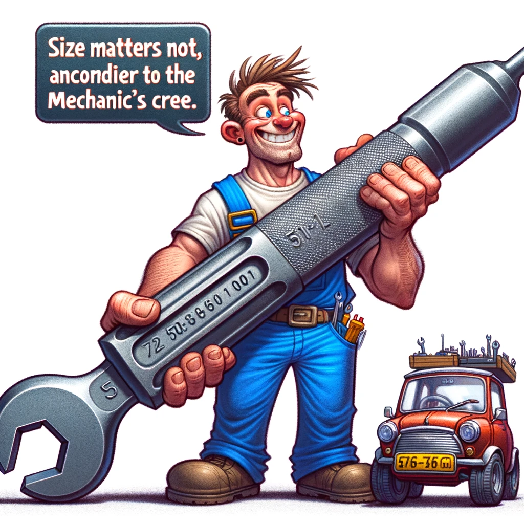 An exaggerated cartoon of a mechanic holding a ridiculously large screwdriver, with a tiny car next to him. The mechanic has a confident smile. The caption reads, "Size matters not, according to the mechanic's creed."