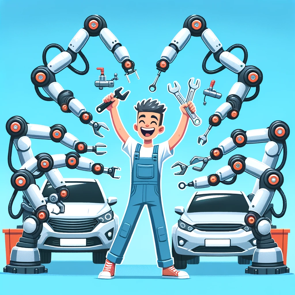 A playful scene showing a mechanic surrounded by several robotic arms, each holding a different tool, working on multiple cars at once. The mechanic looks overjoyed with the efficiency. The caption reads, "The future of auto repair."