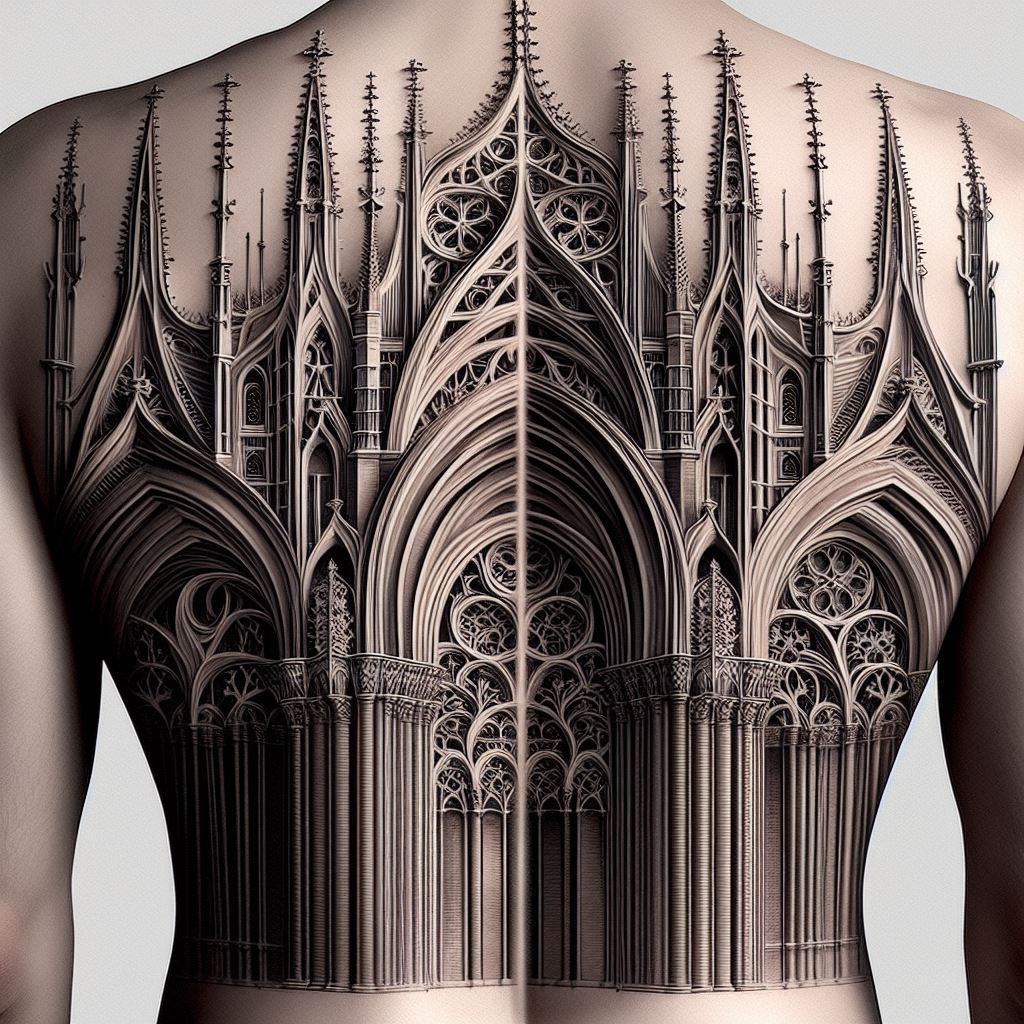The spine is adorned with intricate details inspired by Gothic architecture, such as pointed arches, ribbed vaults, and flying buttresses, connecting larger tattoos with a theme of historical elegance. These elements should be rendered with precision, capturing the awe-inspiring beauty of Gothic cathedrals and structures. The design seeks to infuse the wearer's back with a sense of grandeur and timeless craftsmanship.