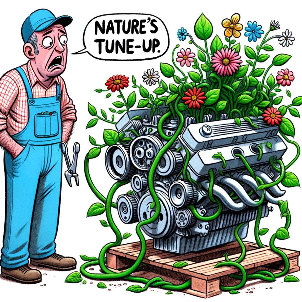 A comical illustration of a mechanic looking bewildered at a car engine that's sprouted plant life, with flowers and vines entwining the parts. The caption reads, "Nature's tune-up."