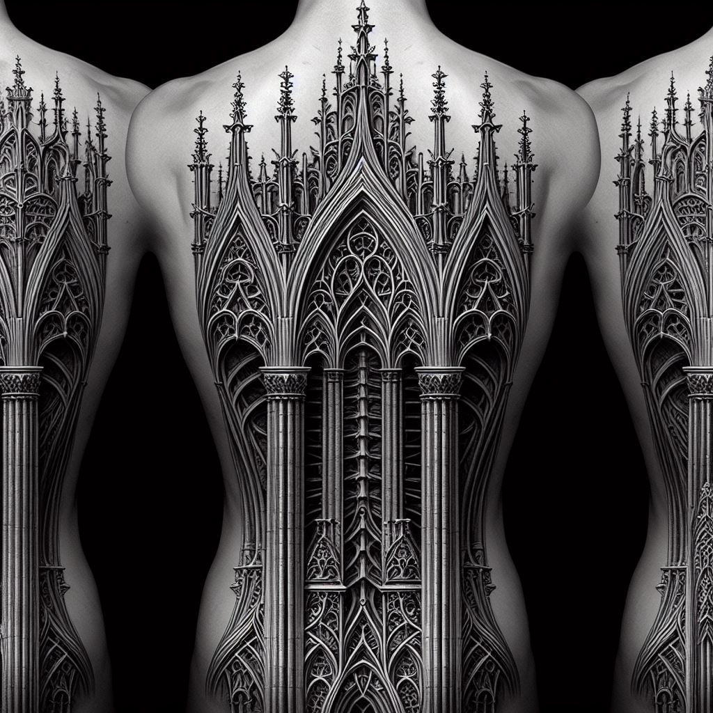 The spine is adorned with intricate details inspired by Gothic architecture, such as pointed arches, ribbed vaults, and flying buttresses, connecting larger tattoos with a theme of historical elegance. These elements should be rendered with precision, capturing the awe-inspiring beauty of Gothic cathedrals and structures. The design seeks to infuse the wearer's back with a sense of grandeur and timeless craftsmanship.