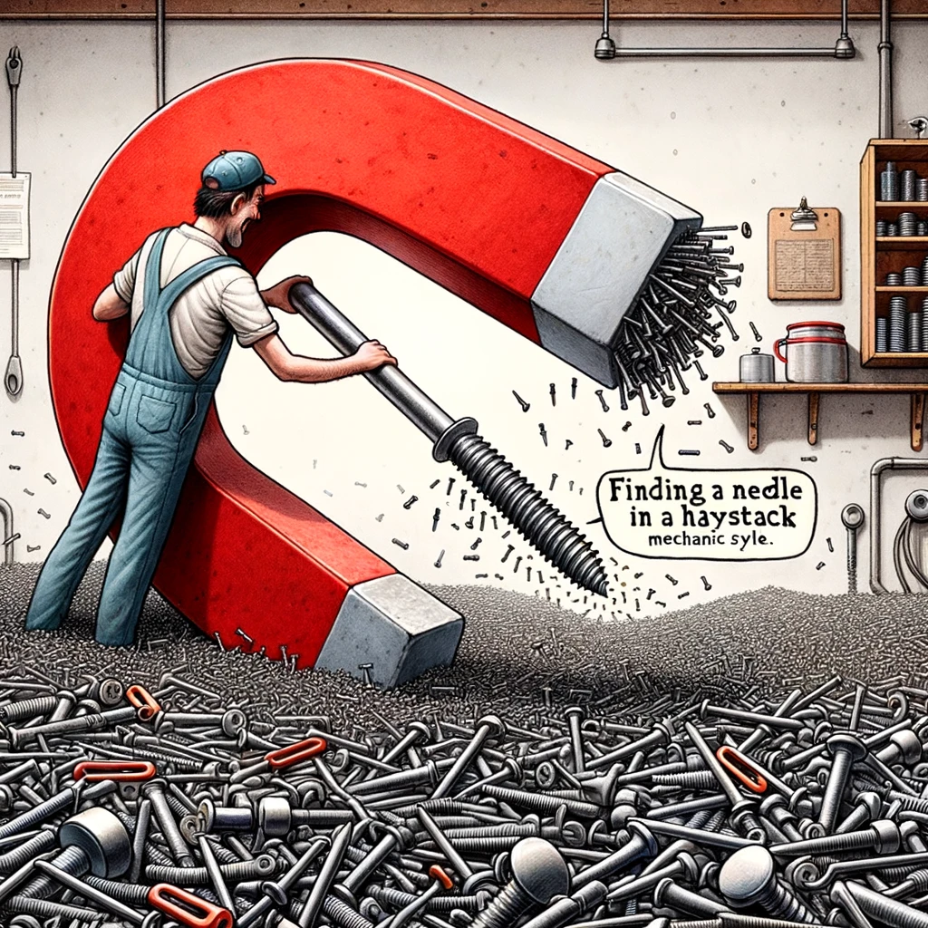 A satirical drawing of a mechanic using a giant magnet to find a lost screw in a workshop filled with metal parts everywhere. The caption reads, "Finding a needle in a haystack, mechanic style."