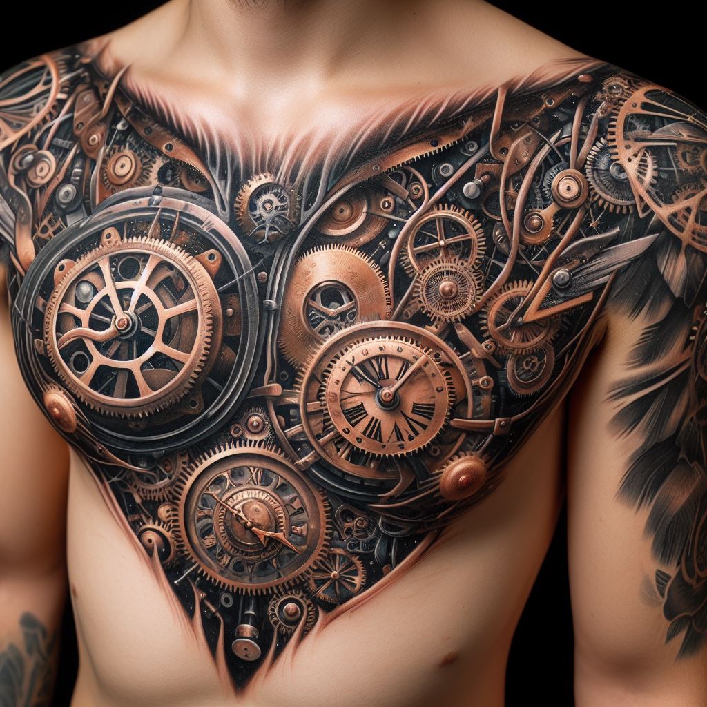 The chest area embellished with surreal clockwork and gears, filling the spaces between tattoos with a steampunk vibe. The gears and clock parts should appear to interlock and function together, creating an illusion of a hidden machinery beneath the skin. This filler aims to blend the mechanical with the organic, symbolizing the complexity and intricacy of life and time.