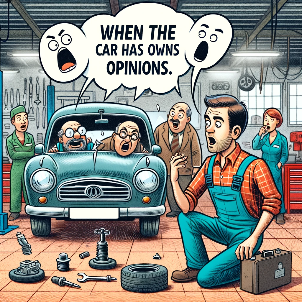 An illustration of a mechanic looking stunned as a car talks back to him, using speech bubbles to complain about its issues. The workshop is full of amused coworkers. The caption reads, "When the car has its own opinions."