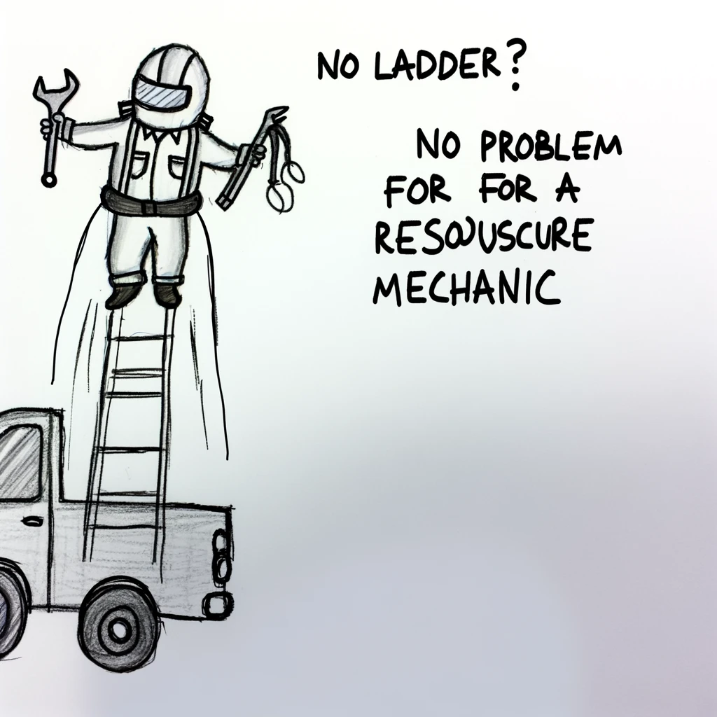 A whimsical drawing of a mechanic flying with a jetpack to reach the top of a tall vehicle, holding tools in both hands. The caption reads, "No ladder? No problem for a resourceful mechanic."