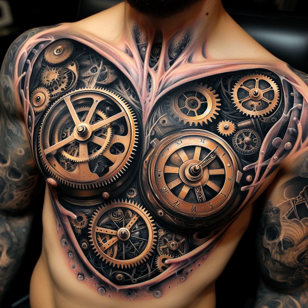 The chest area embellished with surreal clockwork and gears, filling the spaces between tattoos with a steampunk vibe. The gears and clock parts should appear to interlock and function together, creating an illusion of a hidden machinery beneath the skin. This filler aims to blend the mechanical with the organic, symbolizing the complexity and intricacy of life and time.